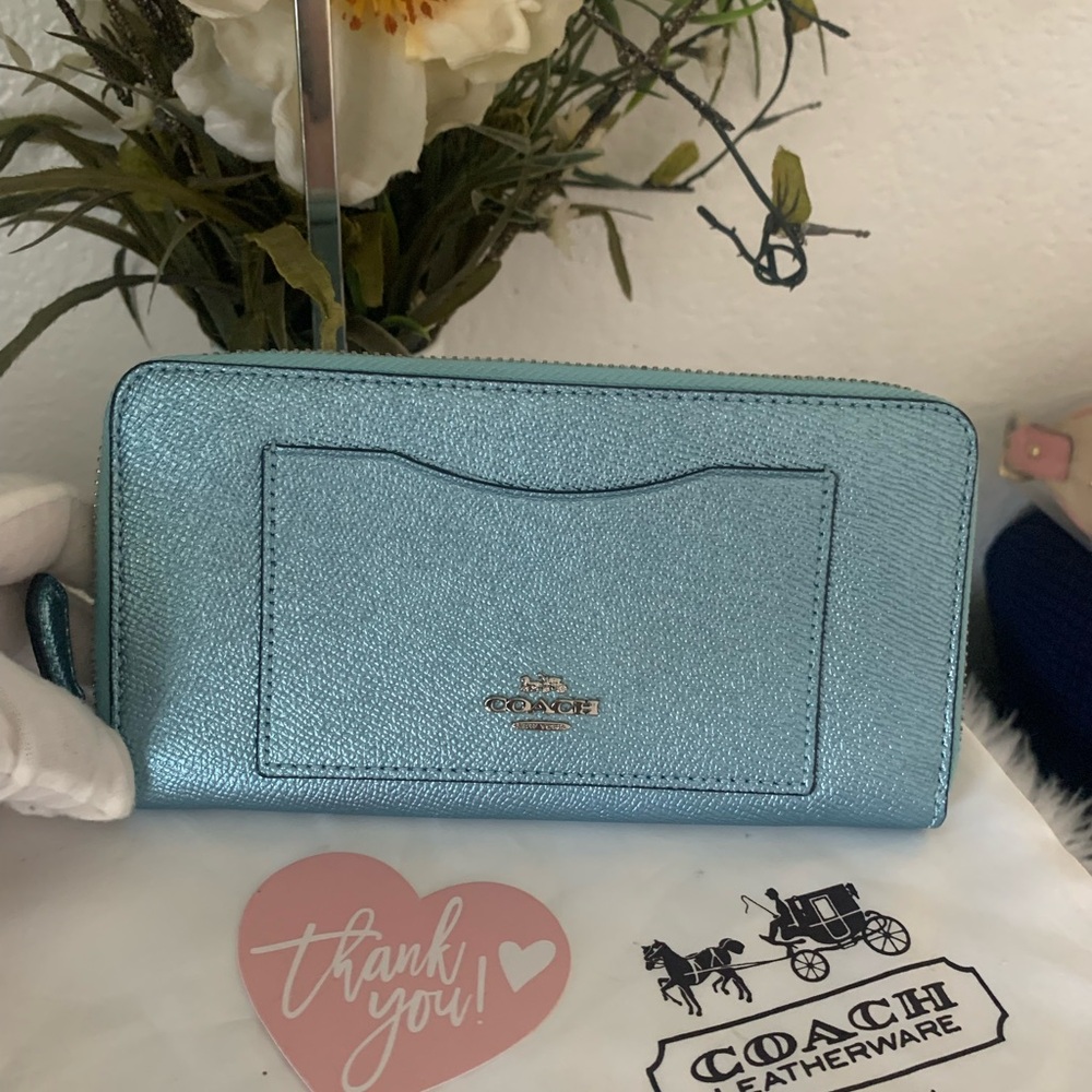 Coach Metallic Blue Accordion Leather Zip Wallet